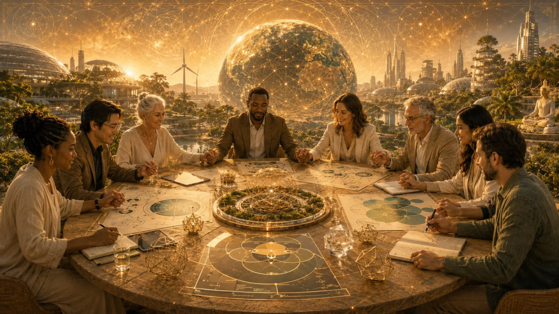 A global council of leaders gathered around a table of sacred geometry