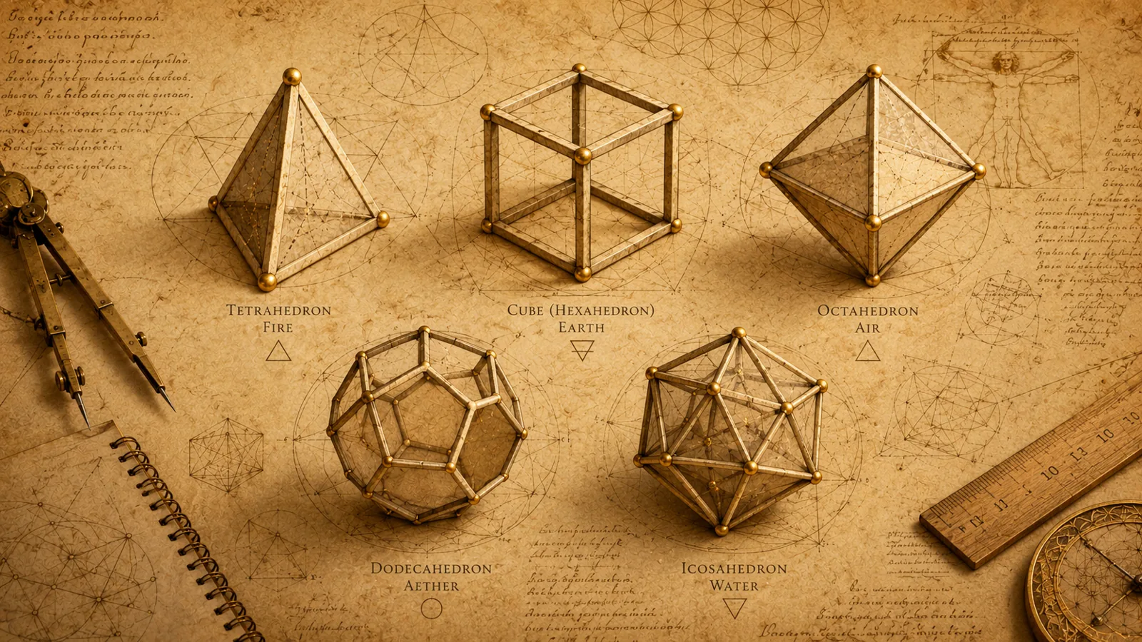 The five Platonic solids — Tetrahedron, Cube, Octahedron, Dodecahedron, Icosahedron