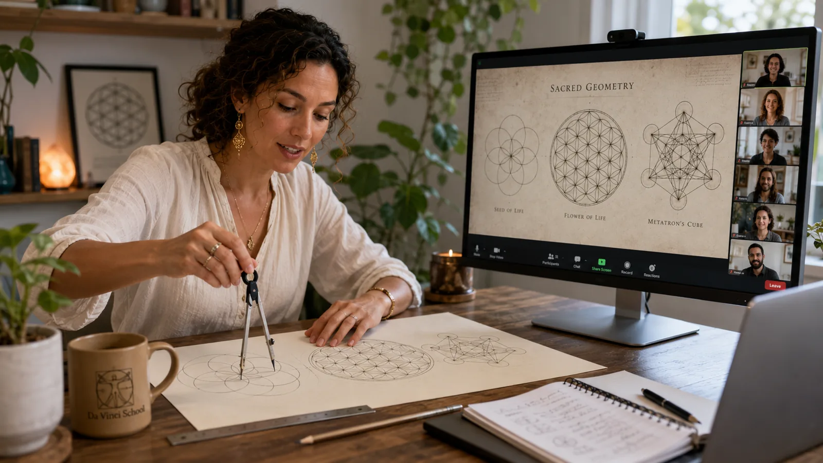A live online sacred geometry workshop, compass in hand