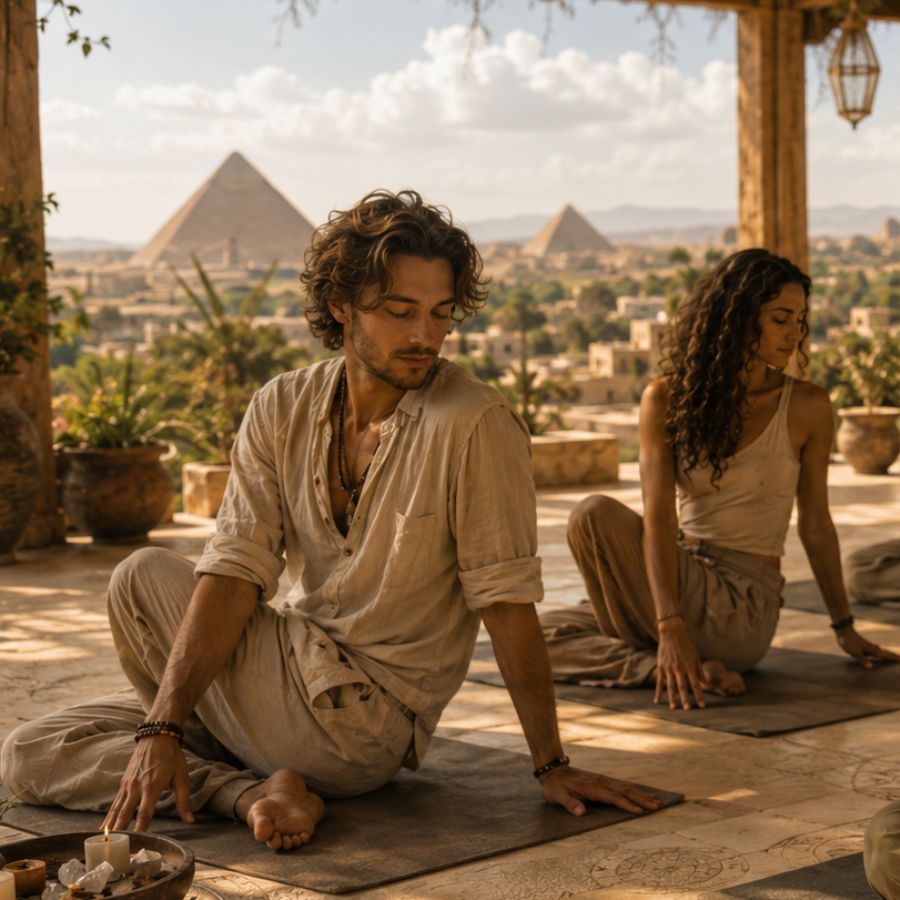 Retreat practice with the pyramids of Giza in the background